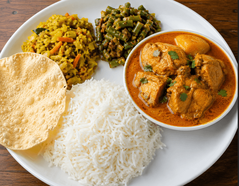 Rice and Chicken Curry with 2 Vegetable and Pappadam